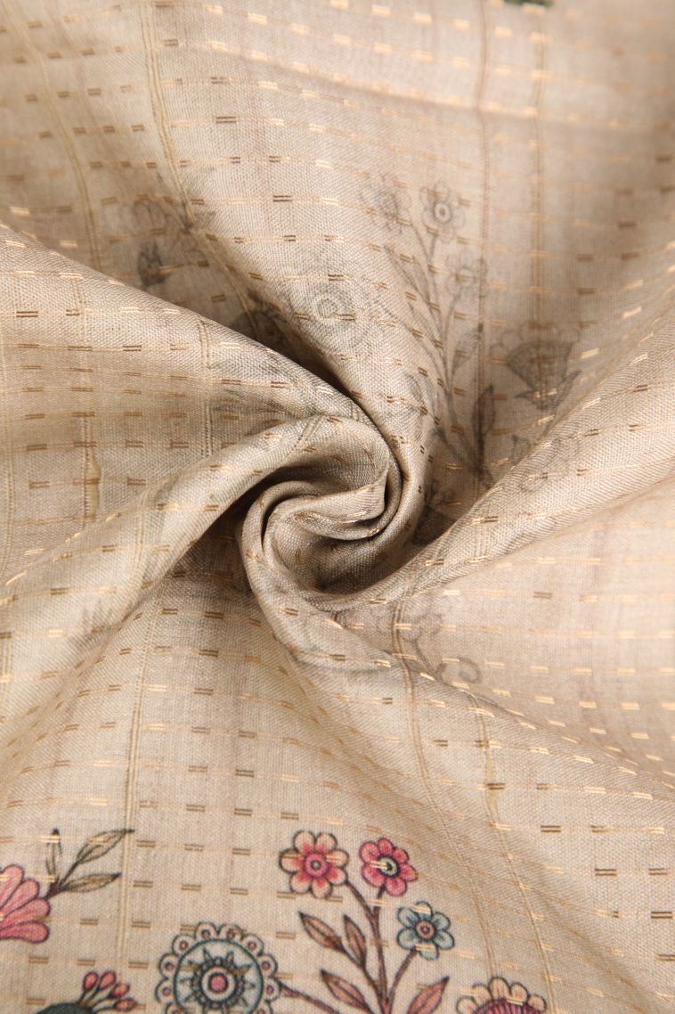 Linen White Semi Tussar Silk with Gold Zari Peacock And Animal view 4