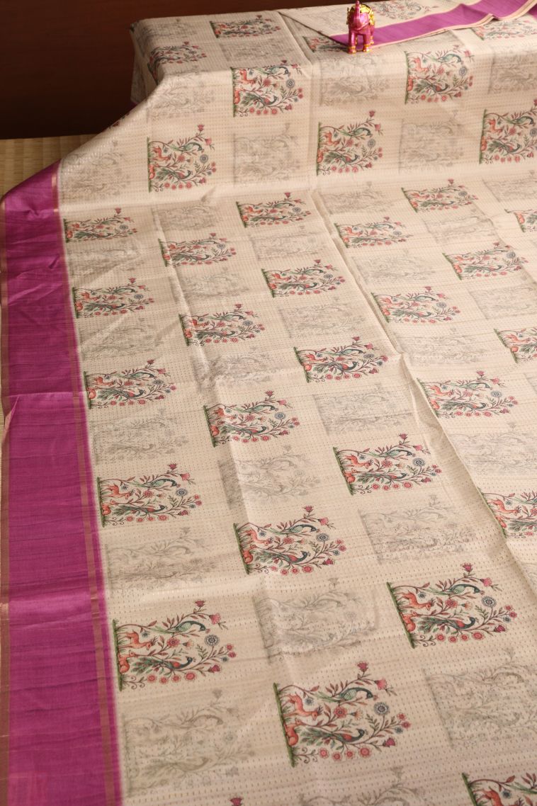 Linen White Semi Tussar Silk with Gold Zari Peacock And Animal view 2