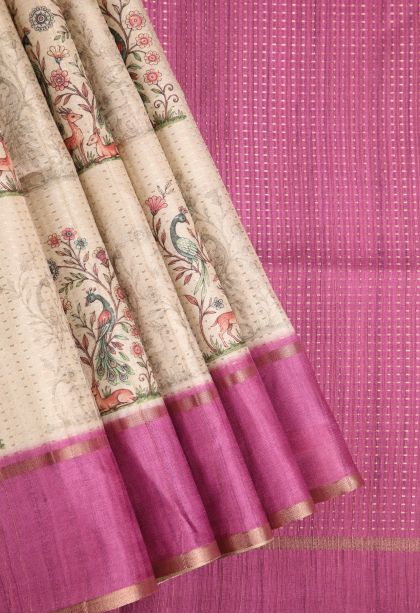 Linen White Semi Tussar Silk with Gold Zari Peacock And Animal