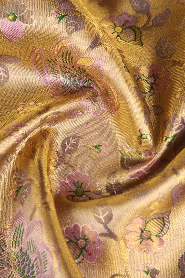 Beige Yellow Kanchipuram Silk Sarees with Gold Zari Floral Patterns view 4