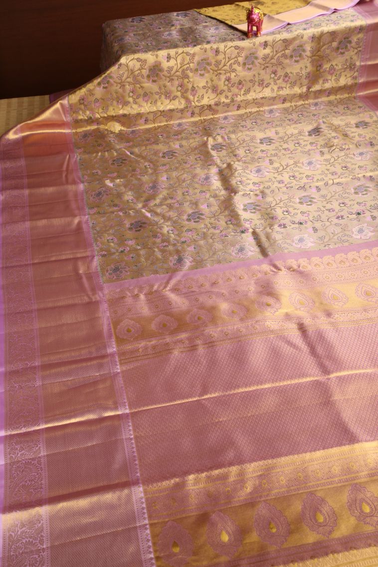 Beige Yellow Kanchipuram Silk Sarees with Gold Zari Floral Patterns view 2