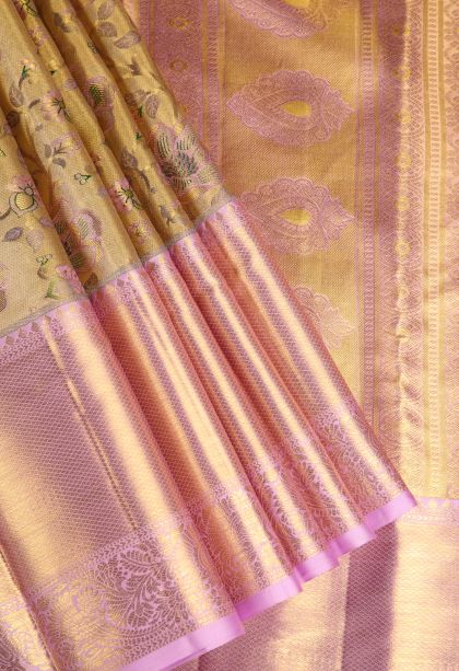 Beige Yellow Kanchipuram Silk Sarees with Gold Zari Floral Patterns