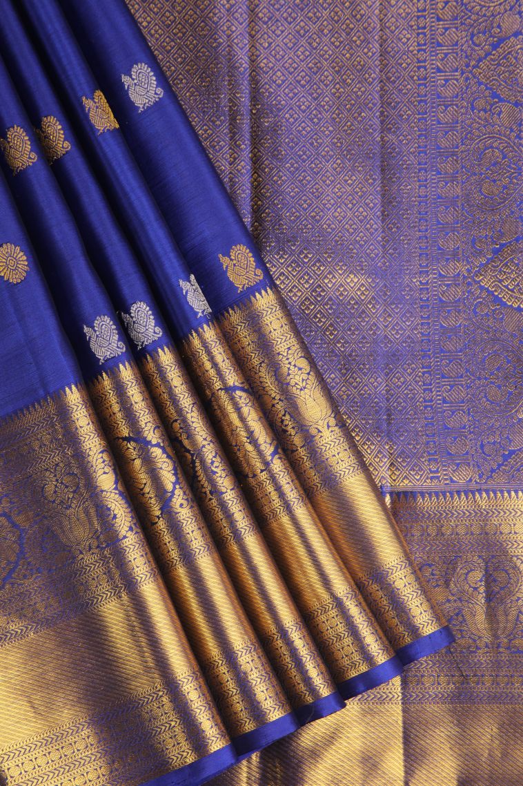 Admiral Blue Kanchipuram Silk Sarees with Gold Zari Peacock And Rudhractam view 1
