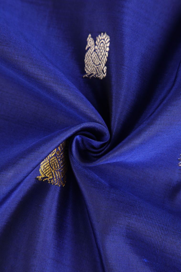 Admiral Blue Kanchipuram Silk Sarees with Gold Zari Peacock And Rudhractam view 4