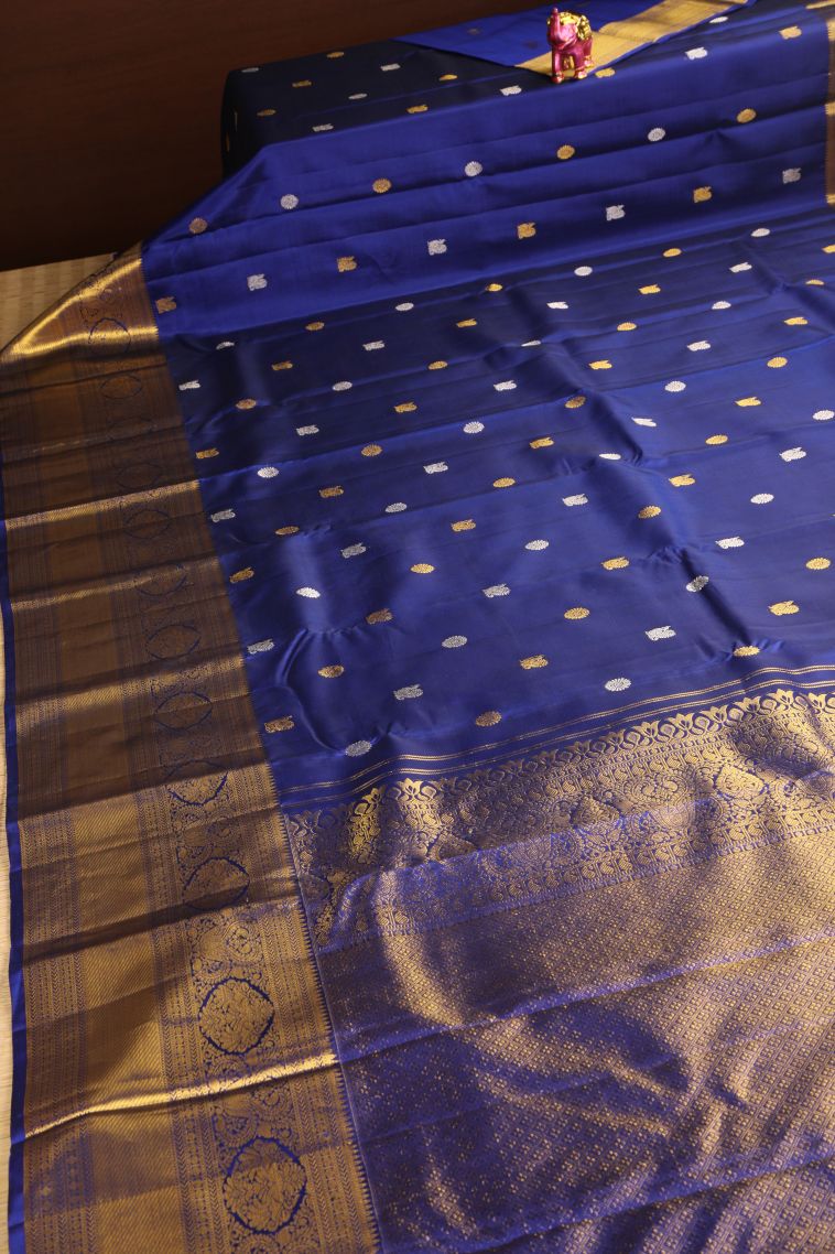 Admiral Blue Kanchipuram Silk Sarees with Gold Zari Peacock And Rudhractam view 2