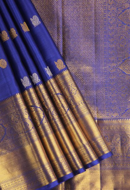 Admiral Blue Kanchipuram Silk Sarees with Gold Zari Peacock And Rudhractam