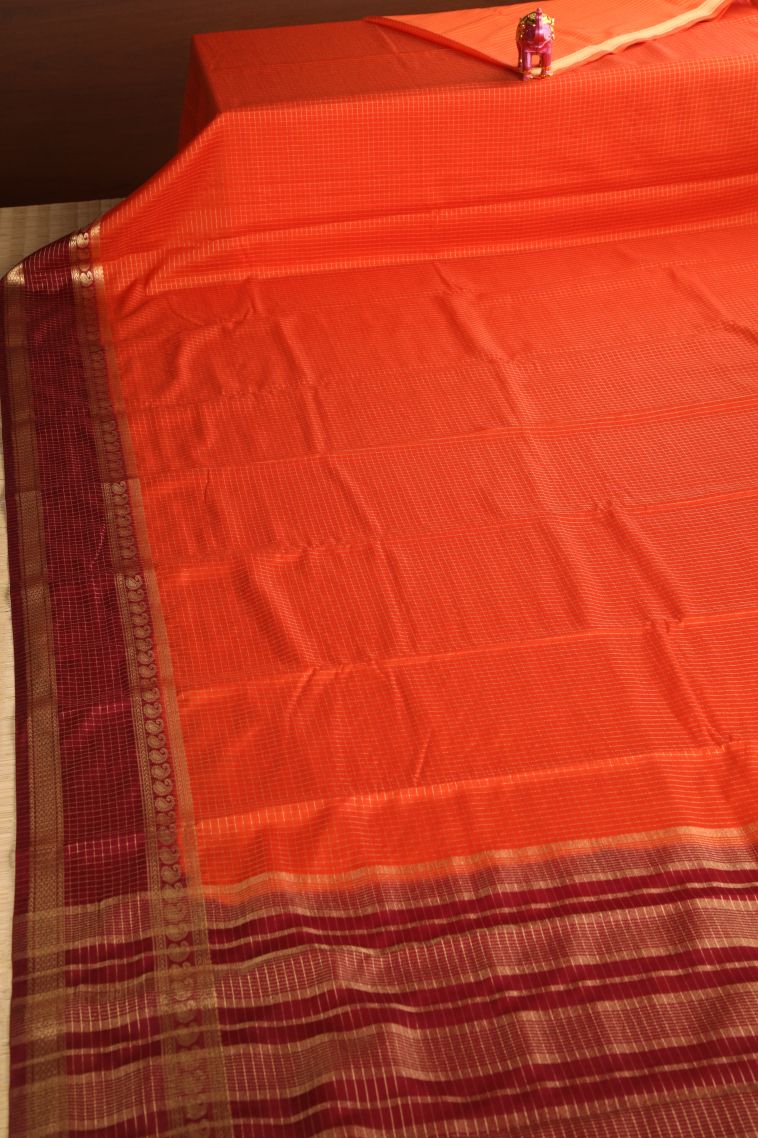 Tiger Orange Fancy Saree with Gold Zari Checks view 2