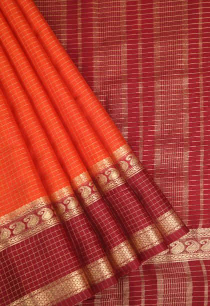 Tiger Orange Fancy Saree with Gold Zari Checks
