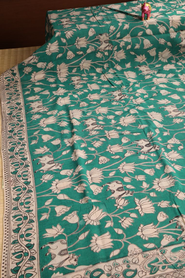 Fern Green Kalamkari with Without Zari Zari Animal And Bird Motifs view 2