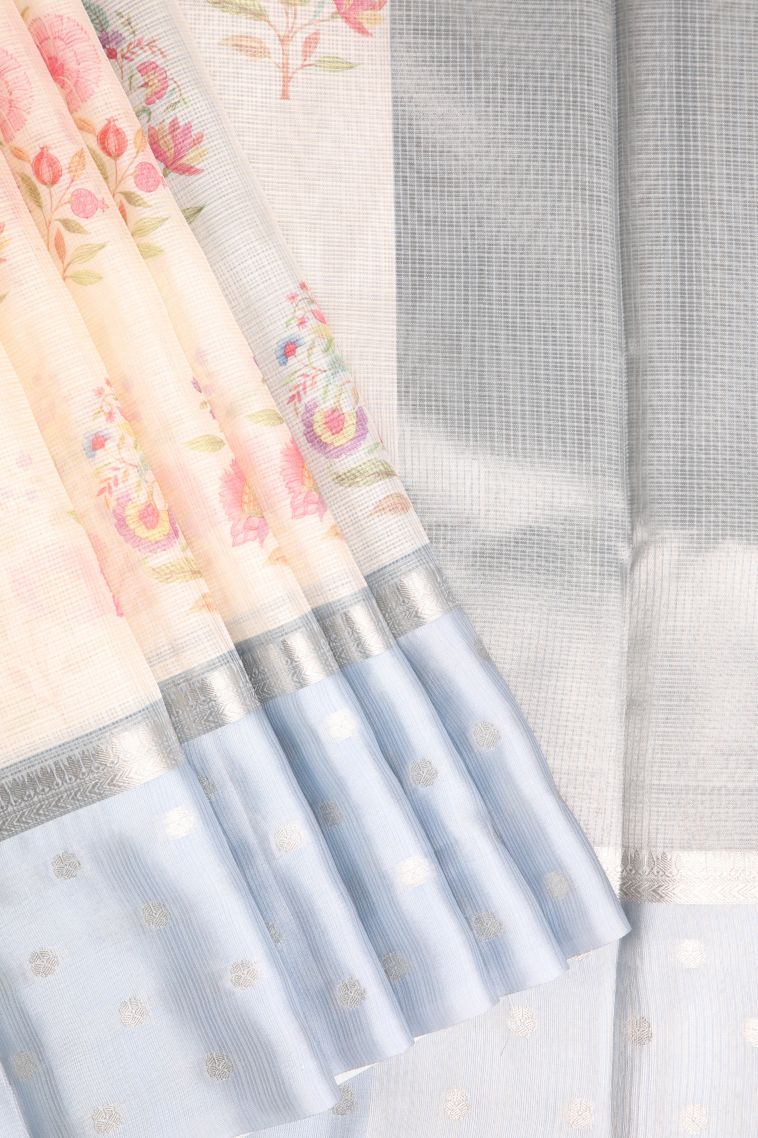 Vanilla Custard Yellow Manipuri Cotton Sarees with Silver Zari Floral Patterns view 1