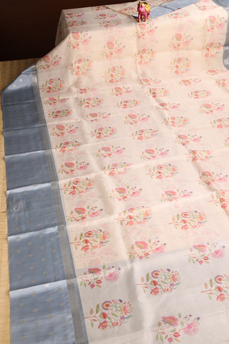 Vanilla Custard Yellow Manipuri Cotton Sarees with Silver Zari Floral Patterns view 2