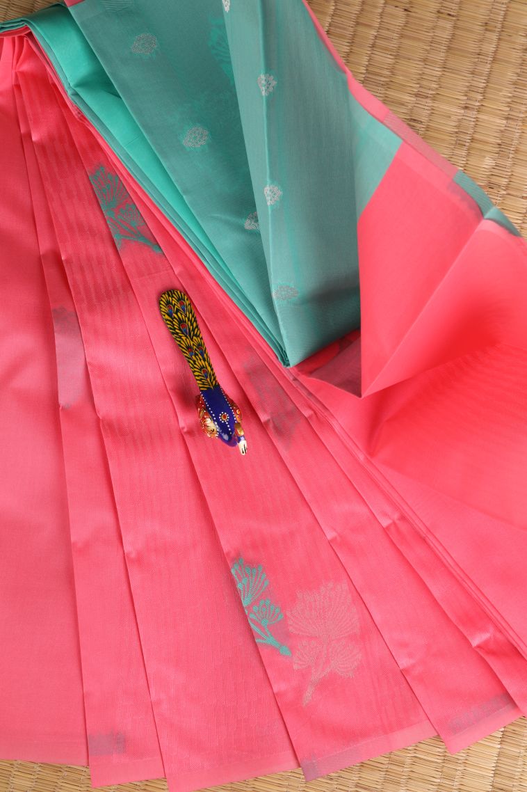 Strawberry Pink Visiri Madippu Silk Sarees with Silver Zari Floral Patterns view 1