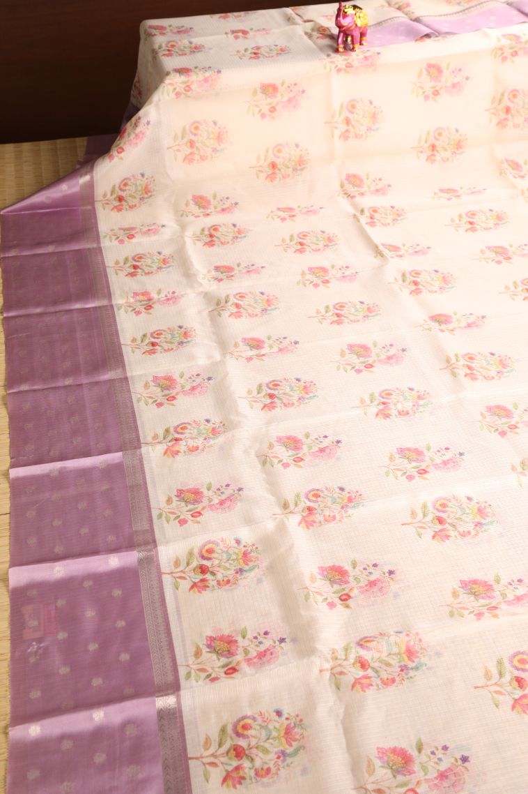 Coconut White Manipuri Cotton Sarees with Silver Zari Floral Patterns view 2