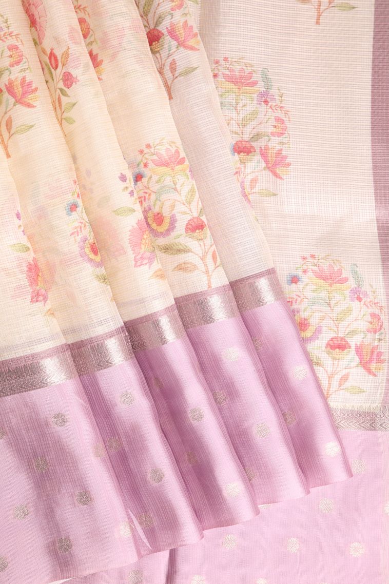 Coconut White Manipuri Cotton Sarees with Silver Zari Floral Patterns view 1