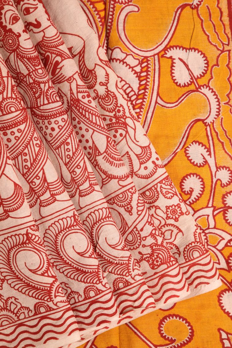 Dawn Red Kalamkari with Without Zari Zari Birds And Floral Pattern view 1