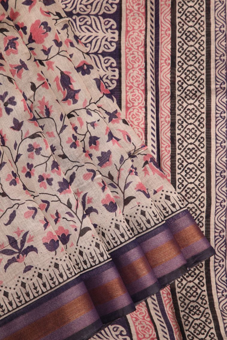 Lemonade Pink Chanderi Cotton Sarees with Gold Zari Floral Patterns view 1