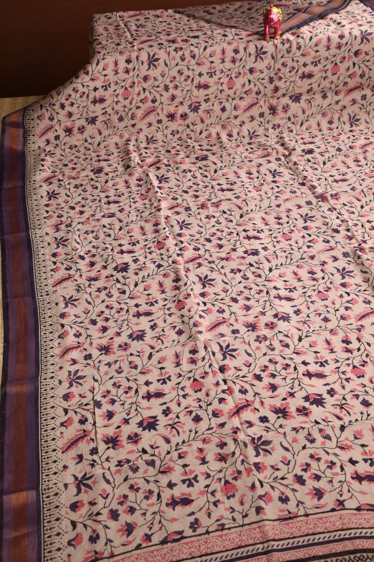 Lemonade Pink Chanderi Cotton Sarees with Gold Zari Floral Patterns view 2