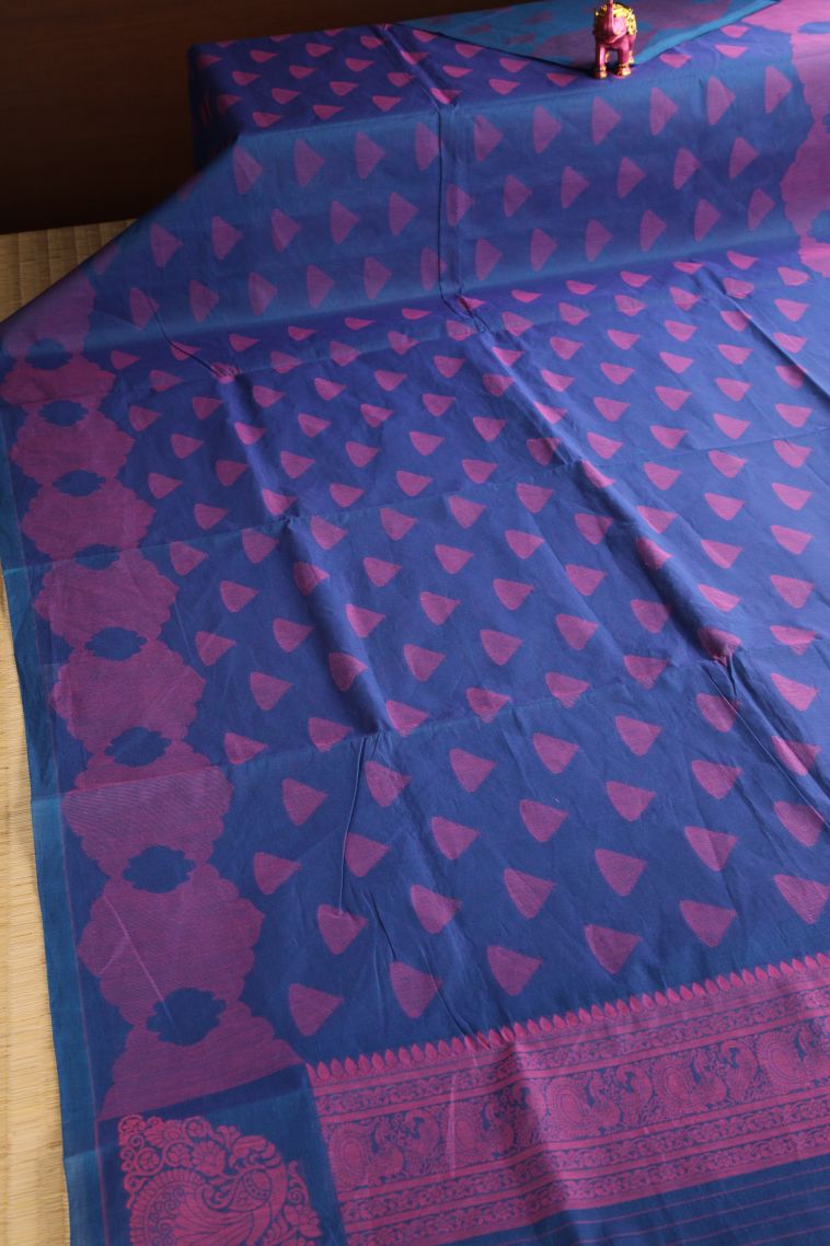 Cobalt Blue Kovai Cotton Sarees with Without Zari Zari Thilagam Puttas view 2