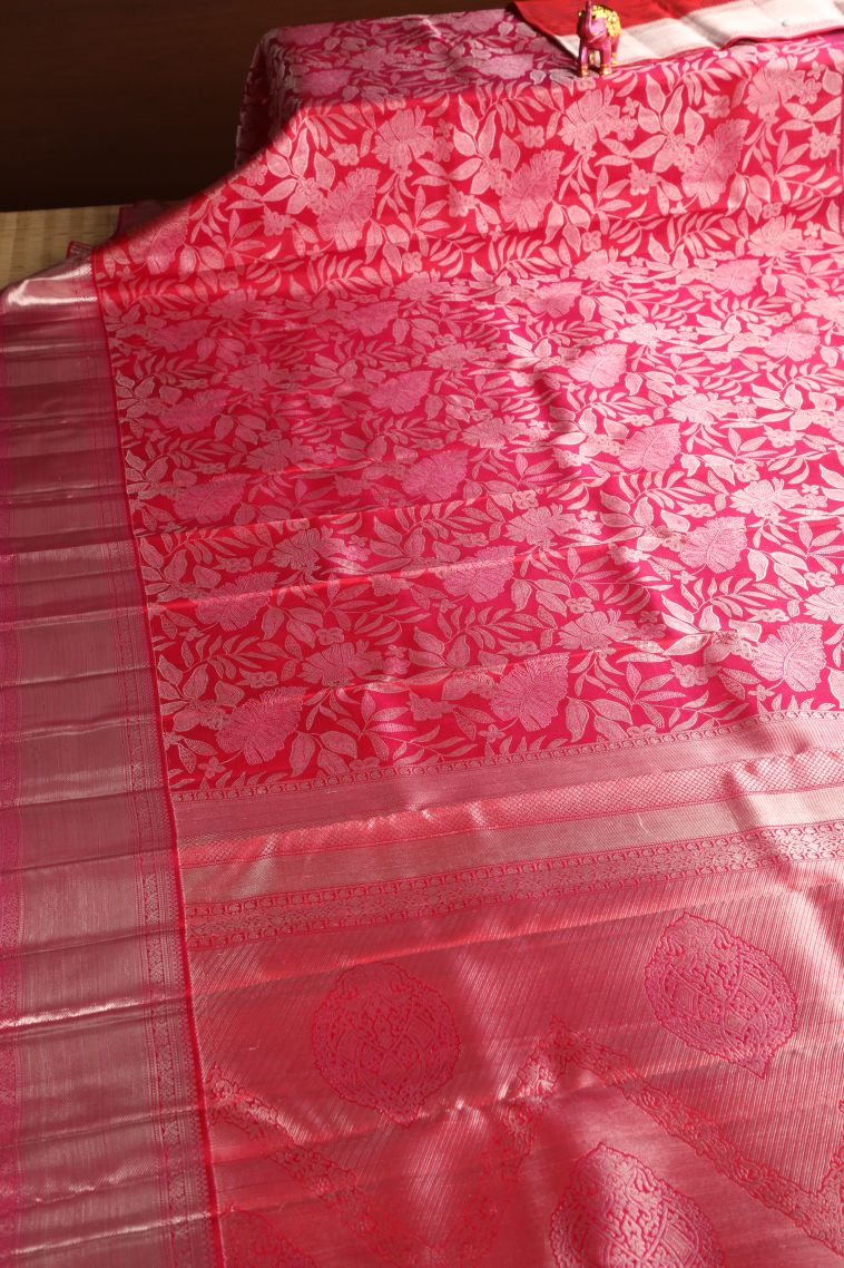 Hot Pink Kanchipuram Silk Sarees with Silver Zari Floral Patterns view 2
