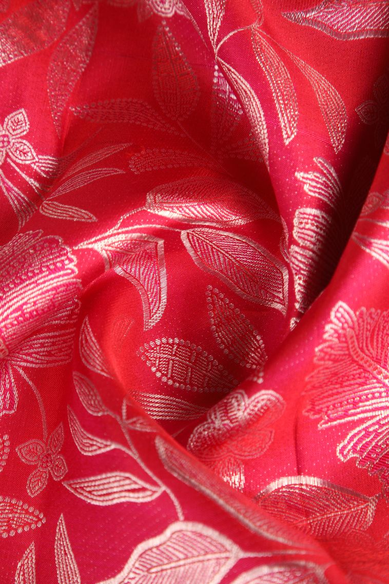 Hot Pink Kanchipuram Silk Sarees with Silver Zari Floral Patterns view 4