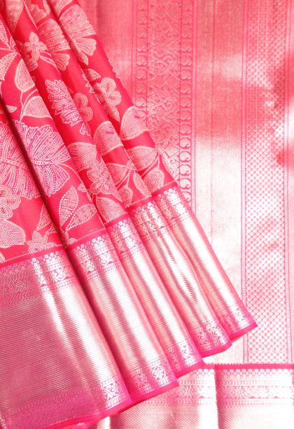 Hot Pink Kanchipuram Silk Sarees with Silver Zari Floral Patterns