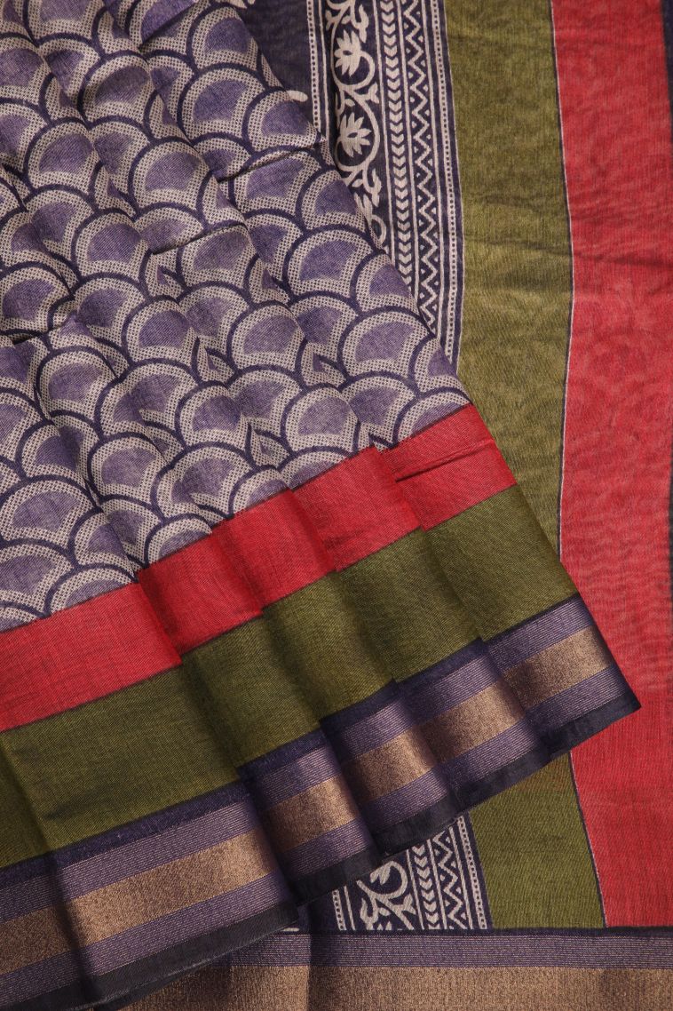 Mauve Purple Chanderi Cotton Sarees with Gold Zari Geometric Shapes view 1