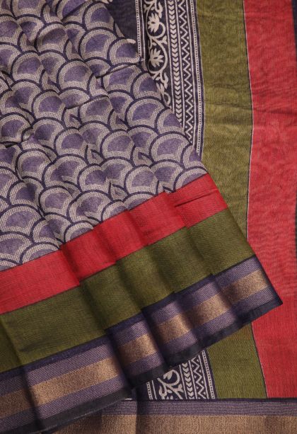 Mauve Purple Chanderi Cotton Sarees with Gold Zari Geometric Shapes