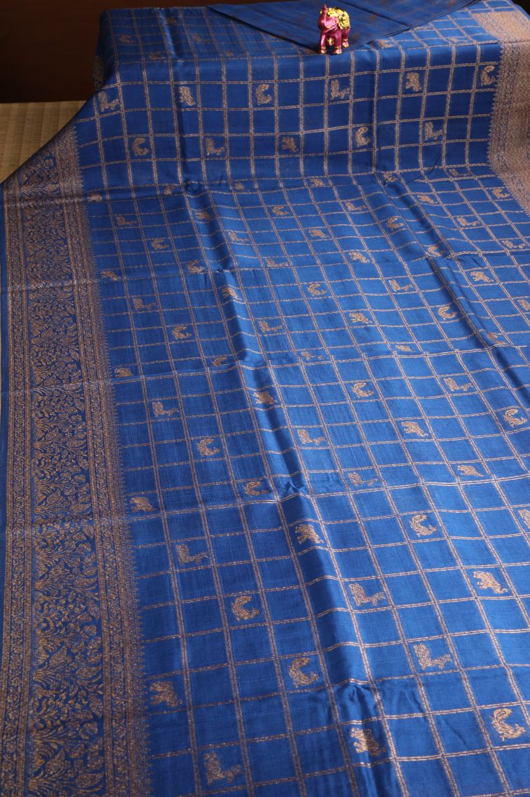 Cobalt Blue Banaras Sarees with Antic Zari Animal  Mottif view 2