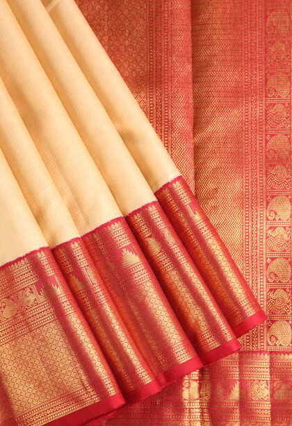 Cream White Kanchipuram Silk Sarees with Gold Zari Vaira Oosi