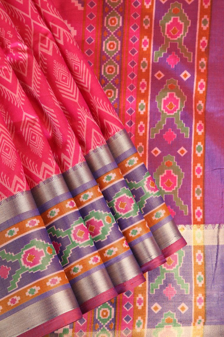 Punch Pink Semi Tussar Silk with Copper Zari Pochamballi Pattern view 1