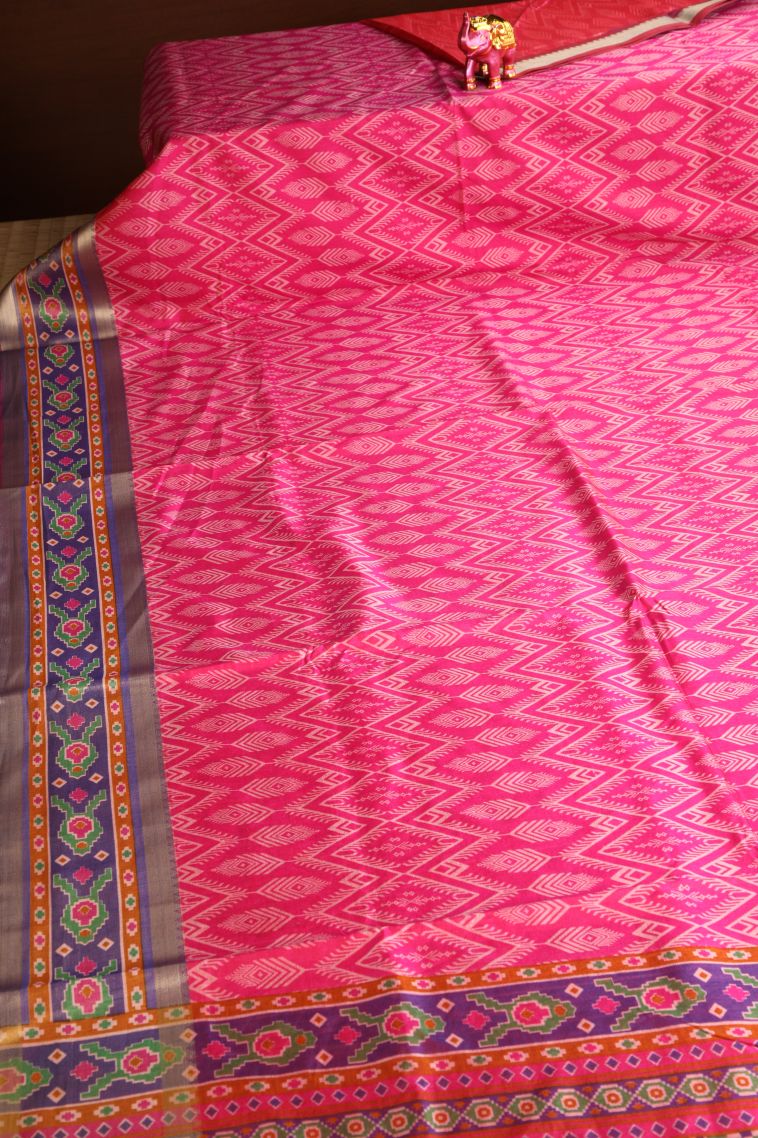 Punch Pink Semi Tussar Silk with Copper Zari Pochamballi Pattern view 2