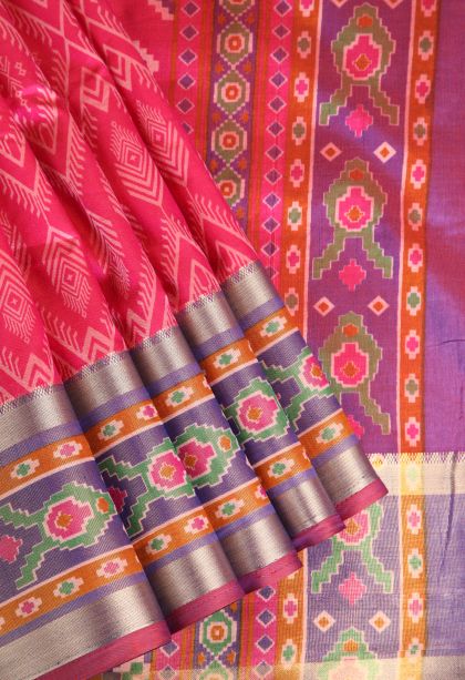 Punch Pink Semi Tussar Silk with Copper Zari Pochamballi Pattern
