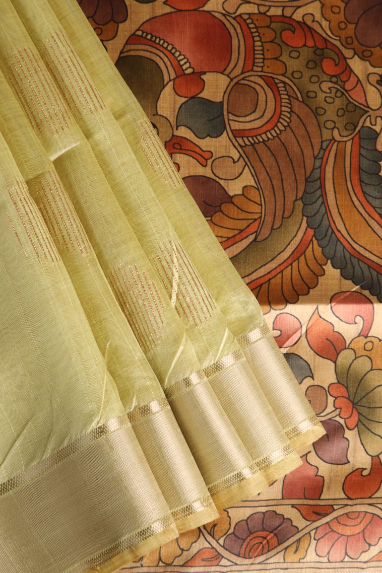 Lime Green Semi Tussar Silk with Gold Zari Plain view 1