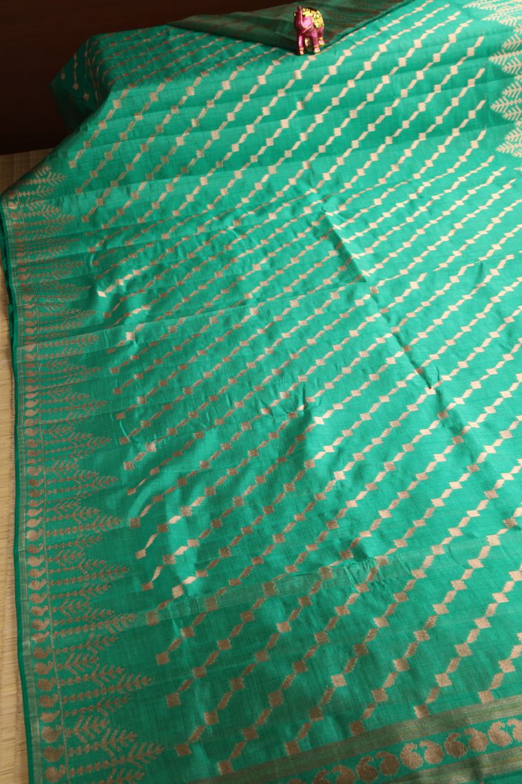 Emerald Green Semi Tussar Silk with Gold Zari Cross Straipes view 2