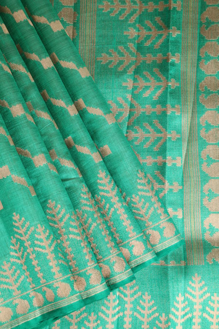 Emerald Green Semi Tussar Silk with Gold Zari Cross Straipes view 1