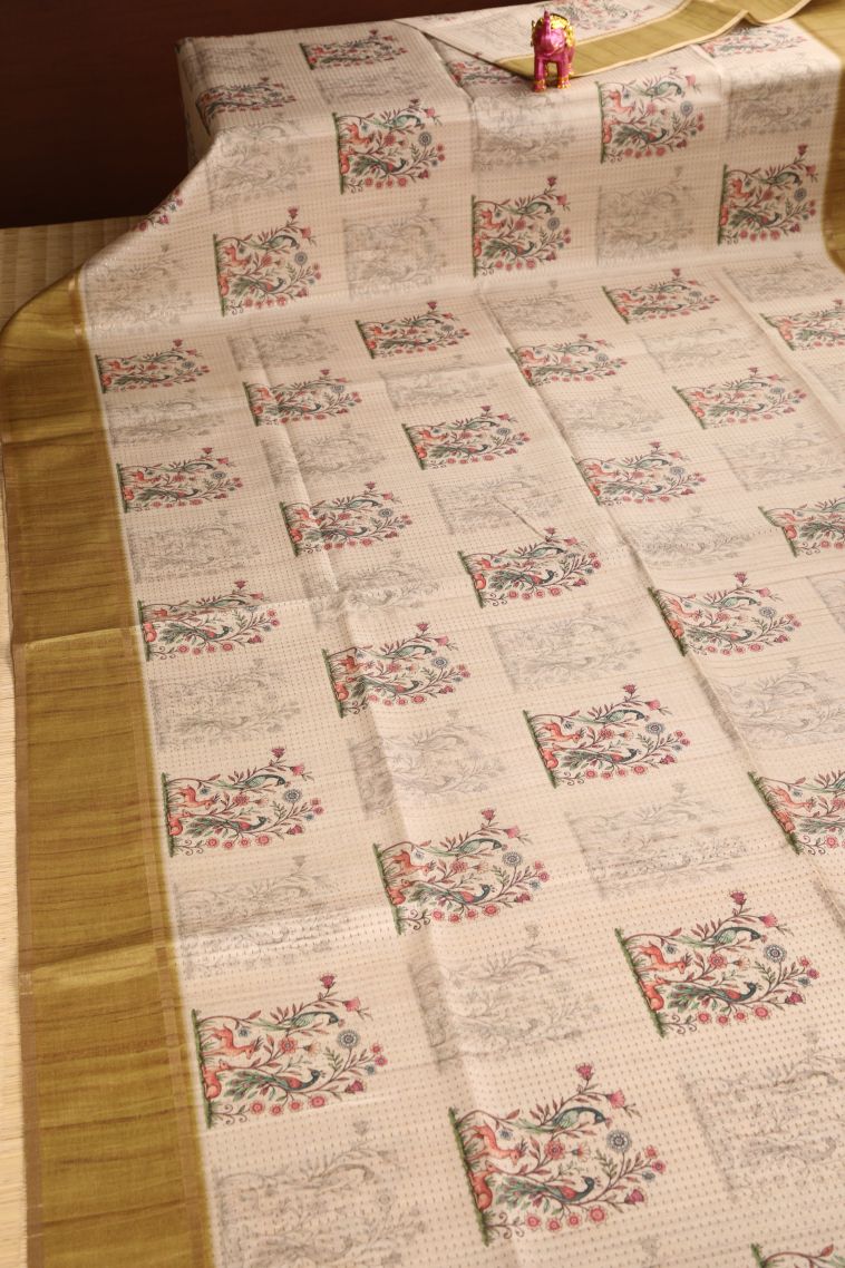 Linen White Semi Tussar Silk with Gold Zari Peacock And Animal view 2