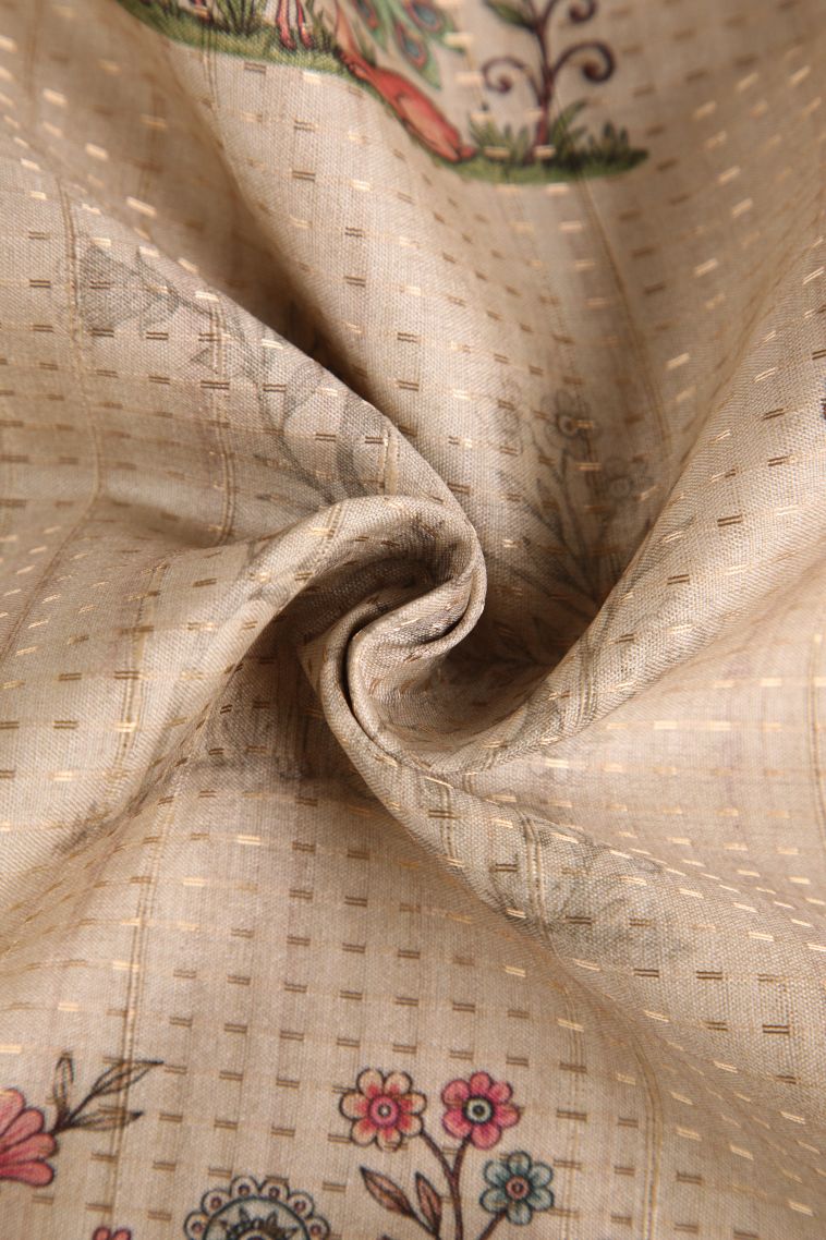 Linen White Semi Tussar Silk with Gold Zari Peacock And Animal view 4