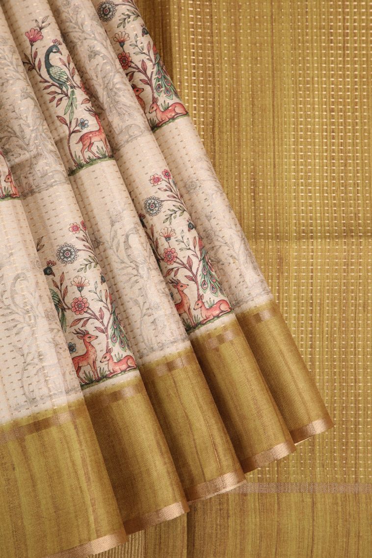 Linen White Semi Tussar Silk with Gold Zari Peacock And Animal view 1