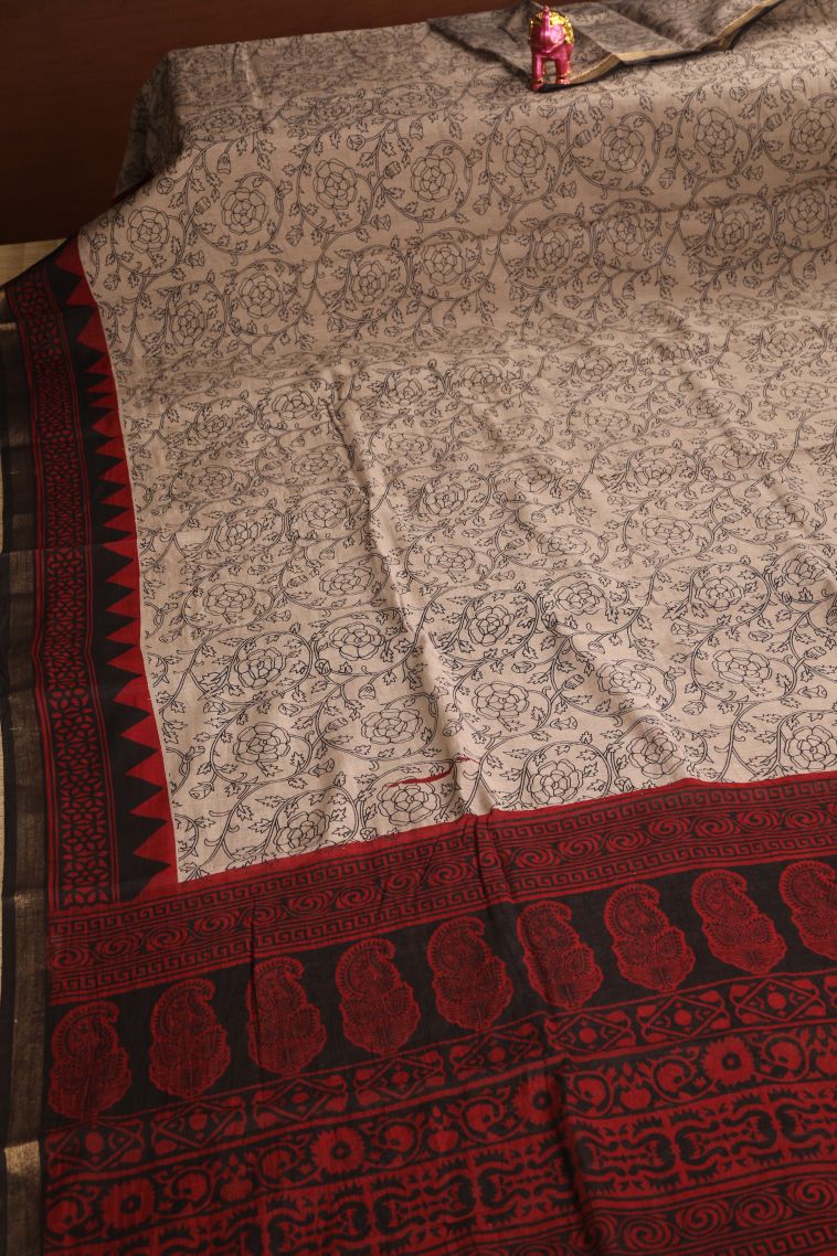 Vanilla Custard Yellow Chanderi Cotton Sarees with Gold Zari Floral Patterns view 2