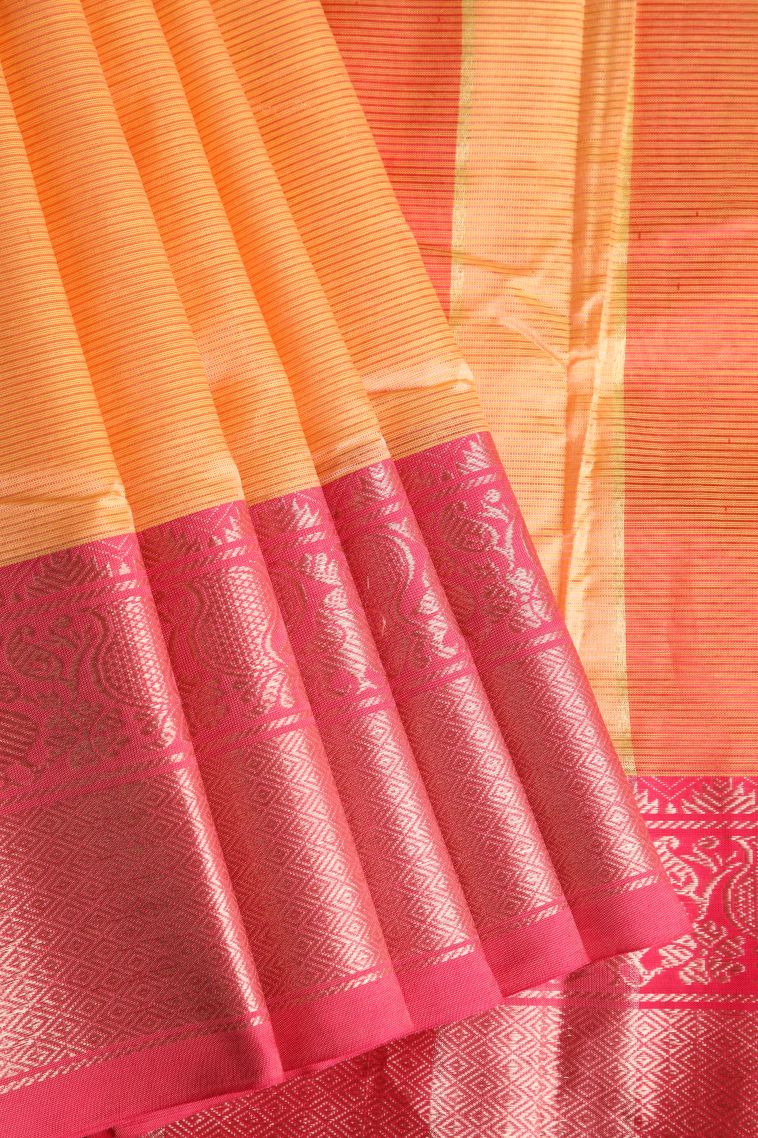 Tangerine Orange Cotton Sarees with Gold Zari Plain view 1