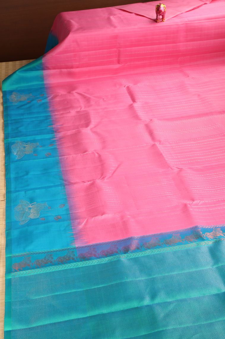 Bubblegum Pink Soft Silk Saree with Gold Zari Stripes view 2