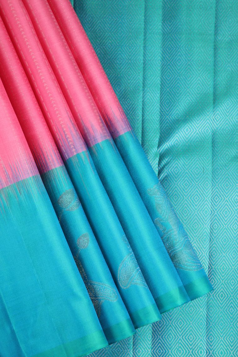 Bubblegum Pink Soft Silk Saree with Gold Zari Stripes view 1