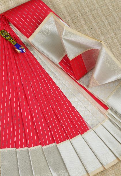 Rose  Red Visiri Madippu Silk Sarees with Silver Zari Rain Drops Mottif