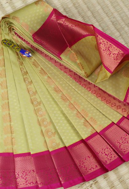 Shortbread Yellow Visiri Madippu Silk Sarees with Copper Zari Paisley (mango Design)