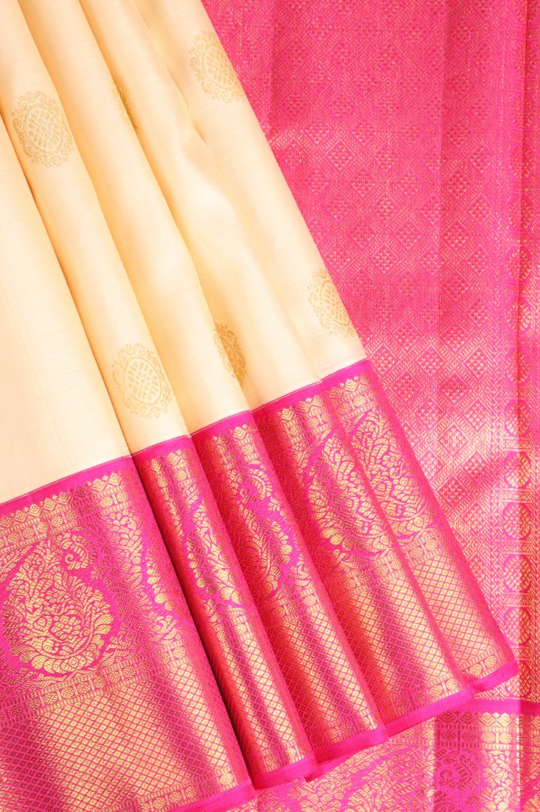 Cream White Kanchipuram Silk Sarees with Gold Zari Puttas view 1