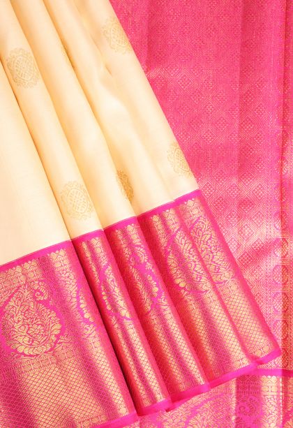 Cream White Kanchipuram Silk Sarees with Gold Zari Puttas
