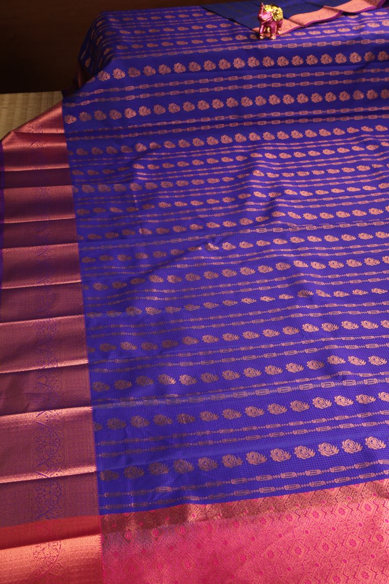 Daffane Blue Visiri Madippu Silk Sarees with Copper Zari Floral Puttas view 2