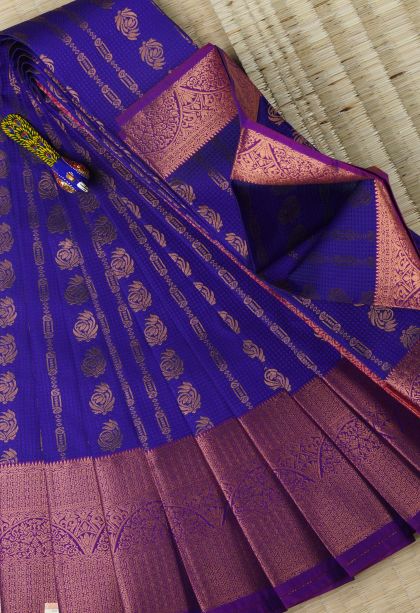 Daffane Blue Visiri Madippu Silk Sarees with Copper Zari Floral Puttas