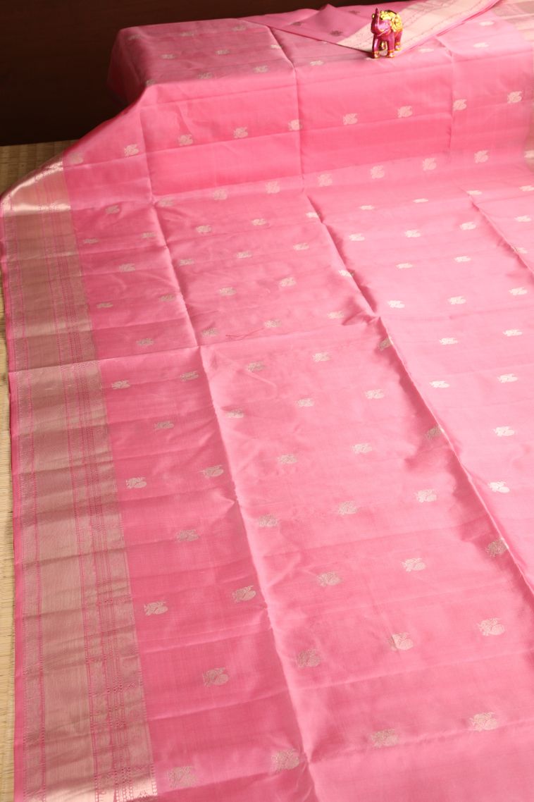 Rose Pink Soft Silk Saree with Silver Zari Peacock Motifs view 2