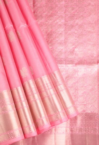 Rose Pink Soft Silk Saree with Silver Zari Peacock Motifs